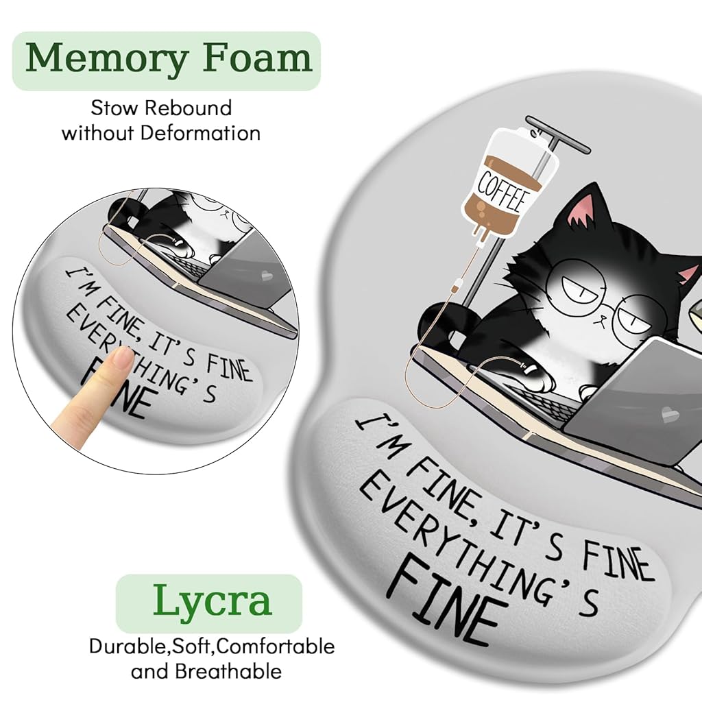ZORBES® Mouse Pad with Wrist Support, Funny Cat Ergonomic Mouse Pad with Wrist Support I'm Fine Motivational Memo Design, Soft Gel Rest, Non-Slip Mouse Mat for Office & Home ZORBES® Mouse Pad with Wrist Support, Funny Cat Ergonomic Mouse Pad with Wrist Support I'm Fine Motivational Memo Design, Soft Gel Rest, Non-Slip Mouse Mat for Office & Home